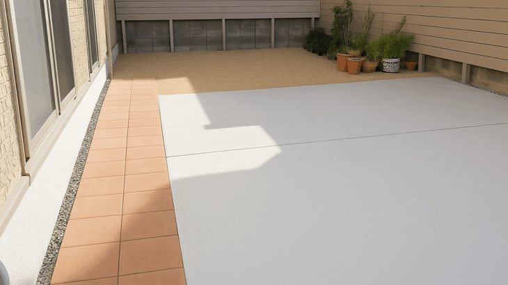 土の庭で車の出入りによる泥はねを解消するため、土間コンクリートと平板を施工し、樹脂製目隠しフェンスでプライベート空間を確保したリフォーム外構