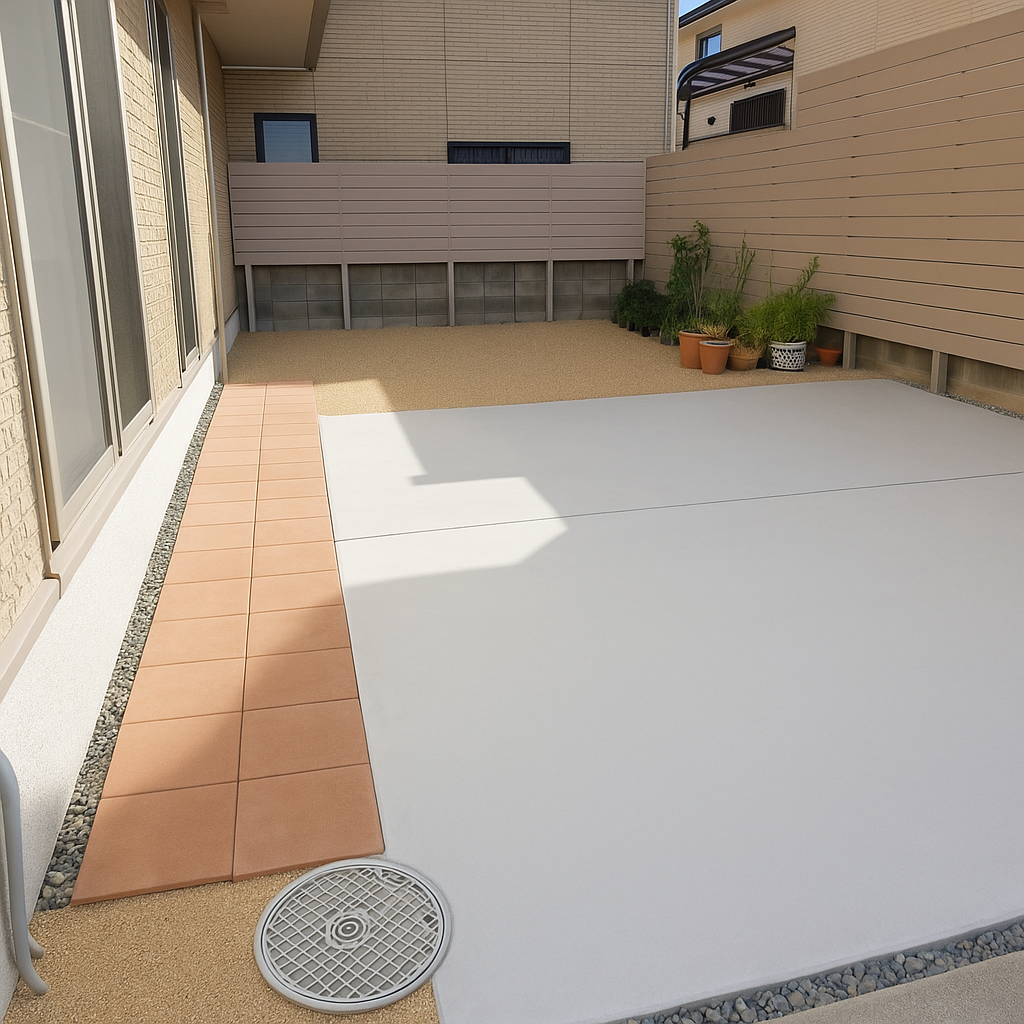 土の庭で車の出入りによる泥はねを解消するため、土間コンクリートと平板を施工し、樹脂製目隠しフェンスでプライベート空間を確保したリフォーム外構