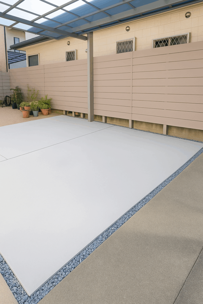 車を停める際の泥はね対策として土間コンクリートを施工し、樹脂製目隠しフェンスで視線を遮ったリフォーム外構の施工後